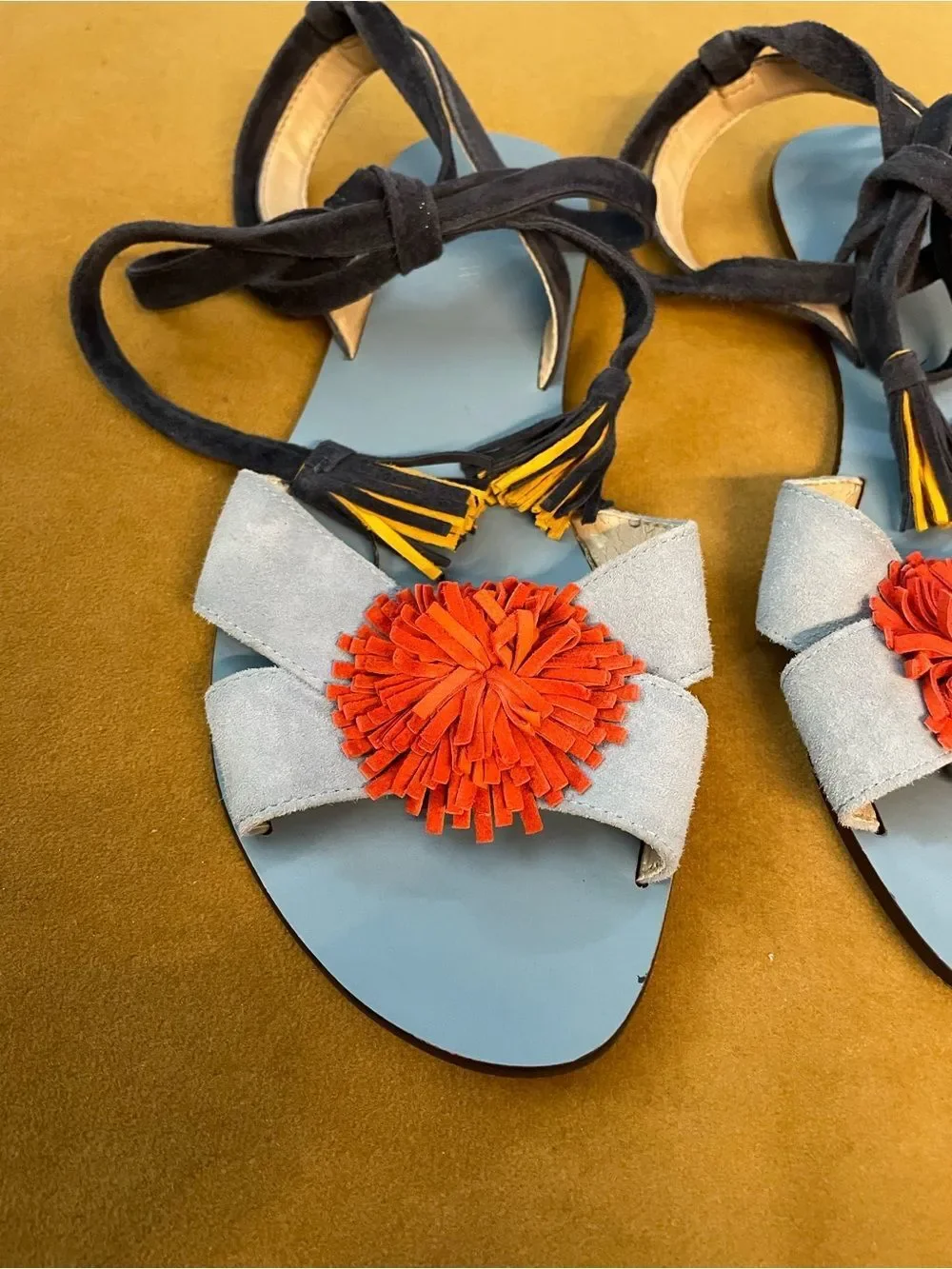 J Crew Blue Suede Ankle Tie Tassel PomPom Sandals 8.5